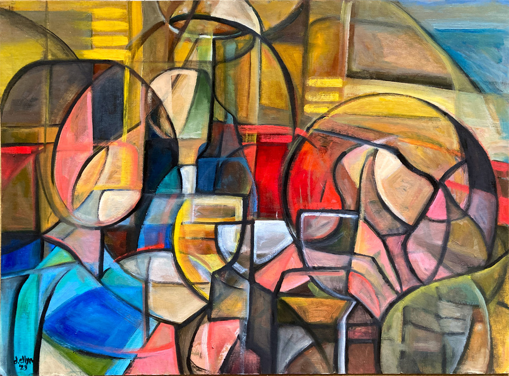 Abstract painting of people sitting around a table with drinks in vibrant primary colors