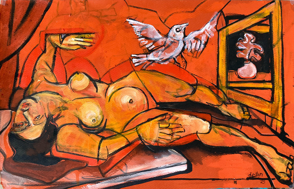 Bold orange abstract nude with expressive linework, seated amid floral shapes and painterly textures in a vibrant interior.