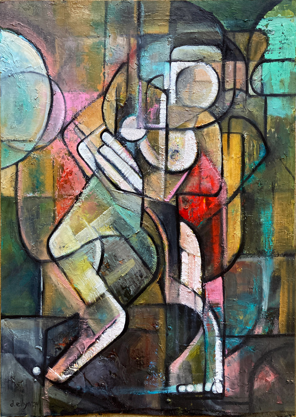 Cubist-inspired abstract figures in motion, rendered in layered earthy tones with geometric linework and emotional depth.