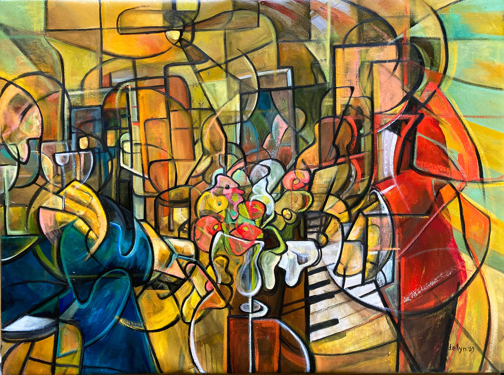 Lively abstract scene with piano, florals, and vibrant figures in warm yellows—inviting story-rich contemporary painting.