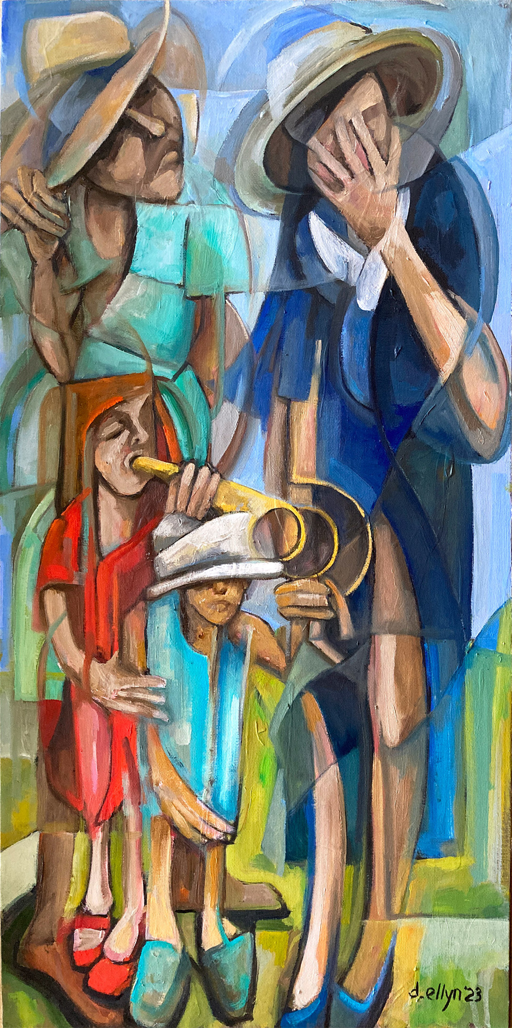 Harvesting Ideas is a vibrant portrait of a woman sitting in a contorted pose. She holds a batch of grapes in one hand and a painters palette in the other. Meant to convey her working in a small art studio.
