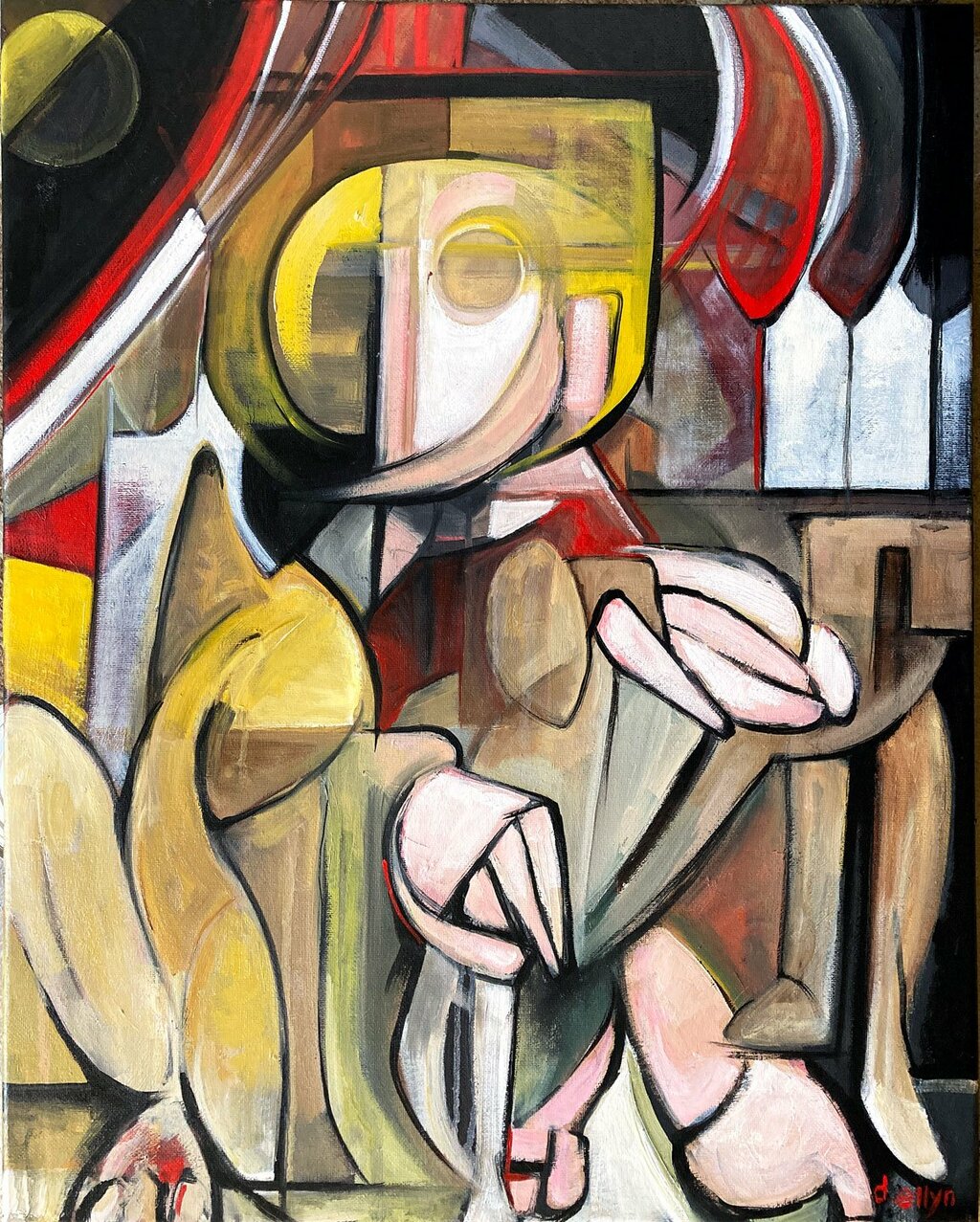 Striking abstract figure in gold and red with surreal stage-like setting, layered in bold lines and symbolic movement.