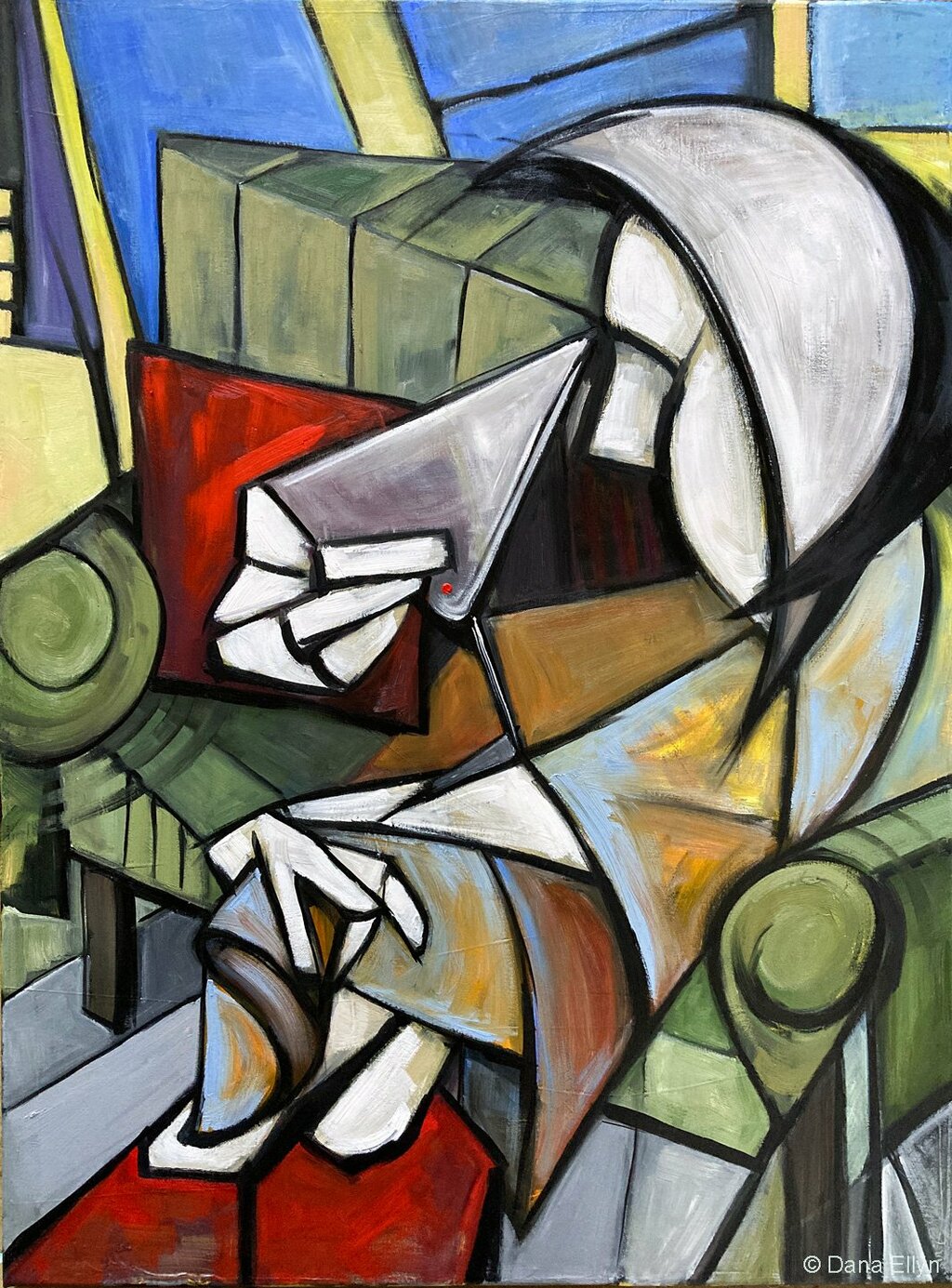 Abstract figure in angular repose on a green couch with introspective modernist portrait with sharp contrast.