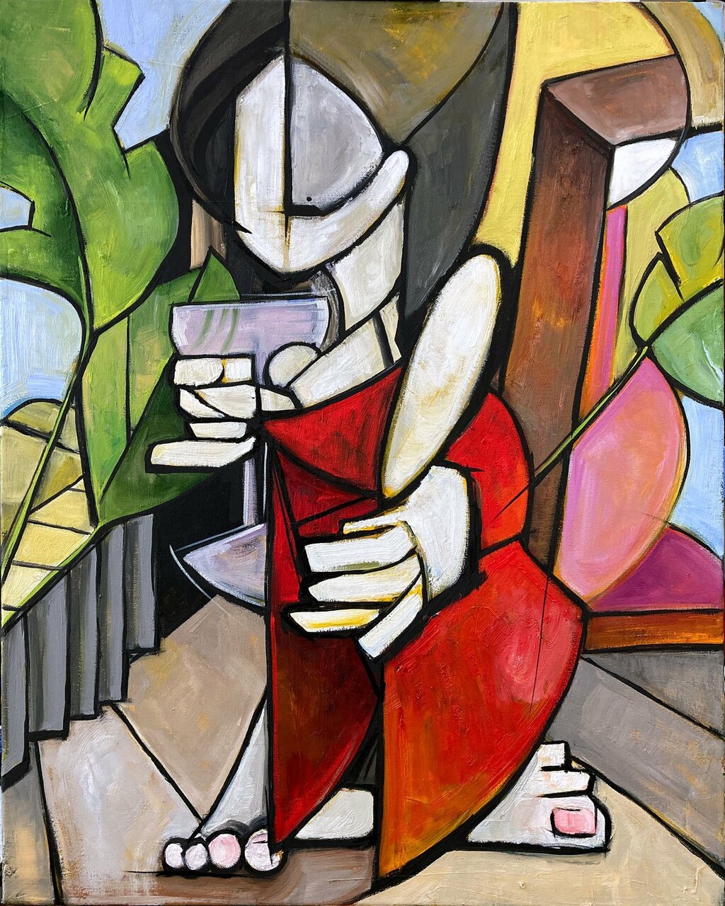 Stylized abstract woman in red dress holding a cocktail, framed by plants and warm tones—modern leisure meets cubism.
