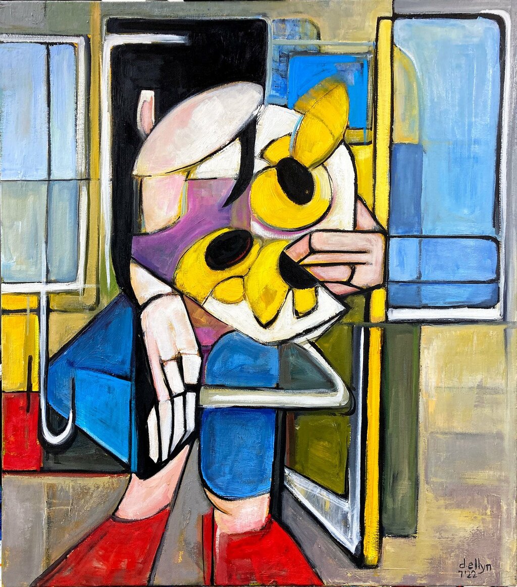 Urban abstract figure with bold flower in subway scene—playful and surreal with expressive modernist structure.