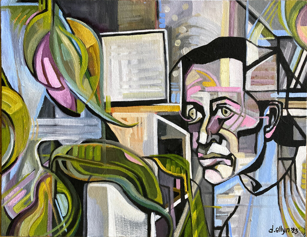portrait of woman's face in a fragmented scene of leaves set in urban studio