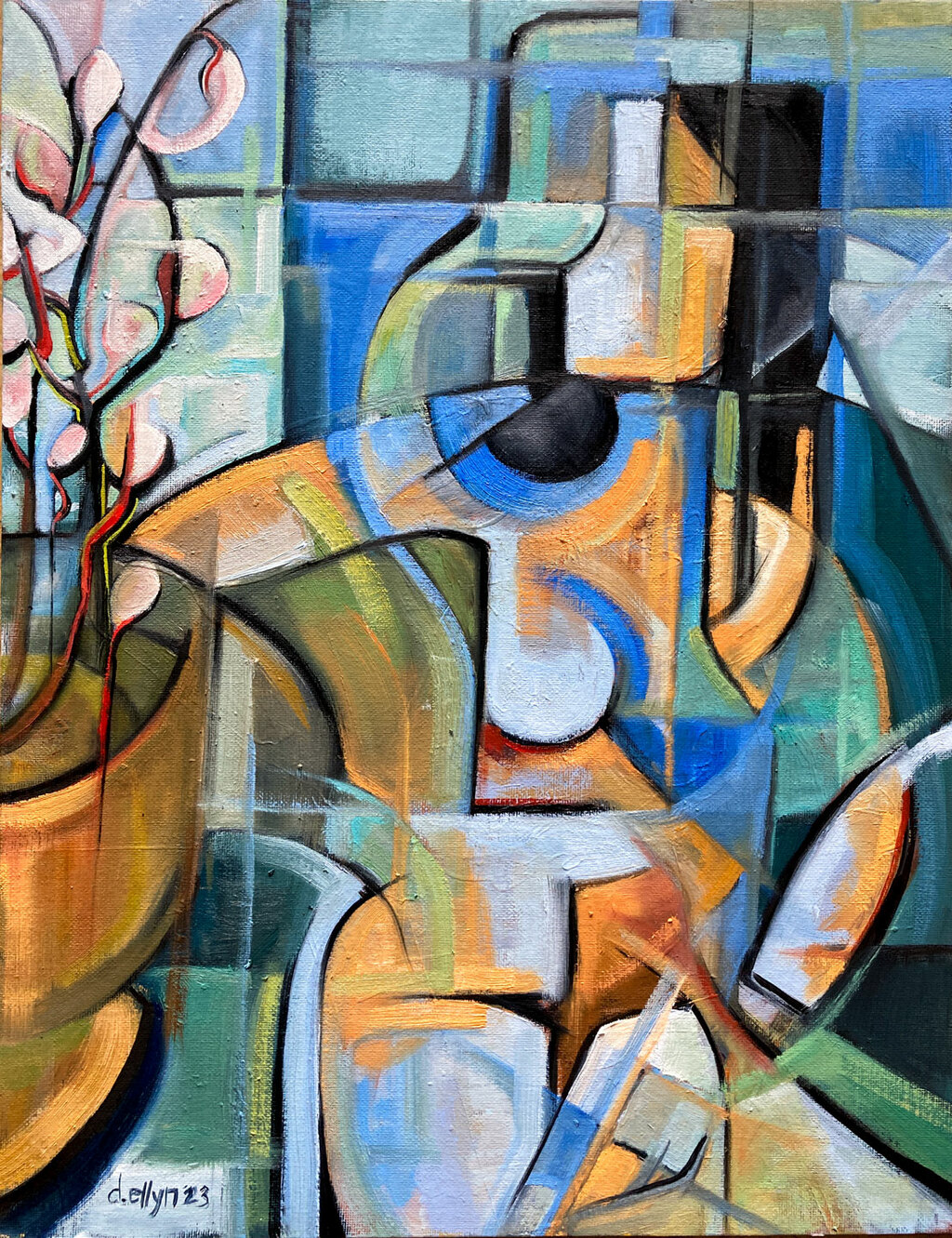 Cubist painting of a nude woman and vase of flowers in blue and green tones