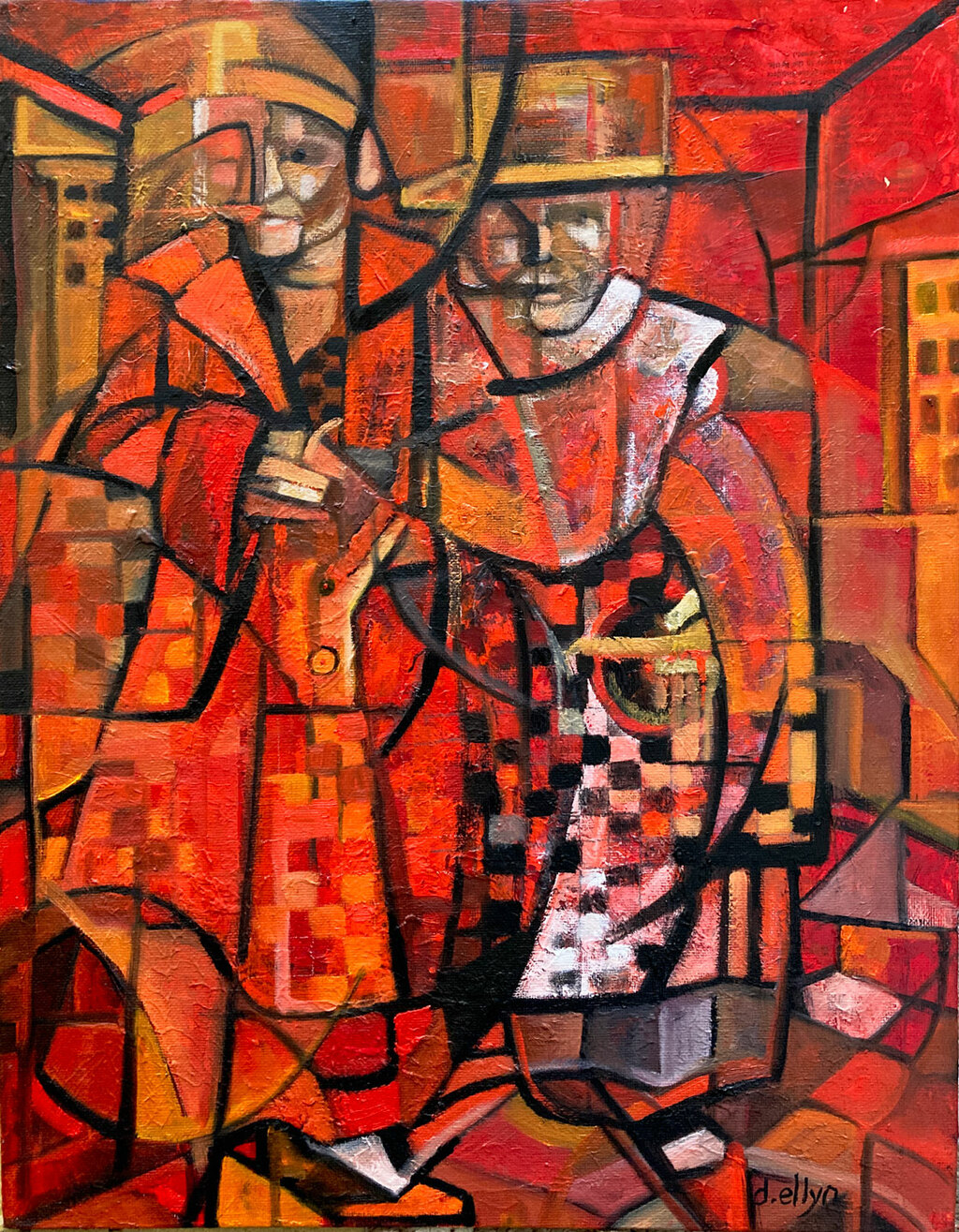 Two women in bold red, orange, black white with checkerboard pattern and urban setting