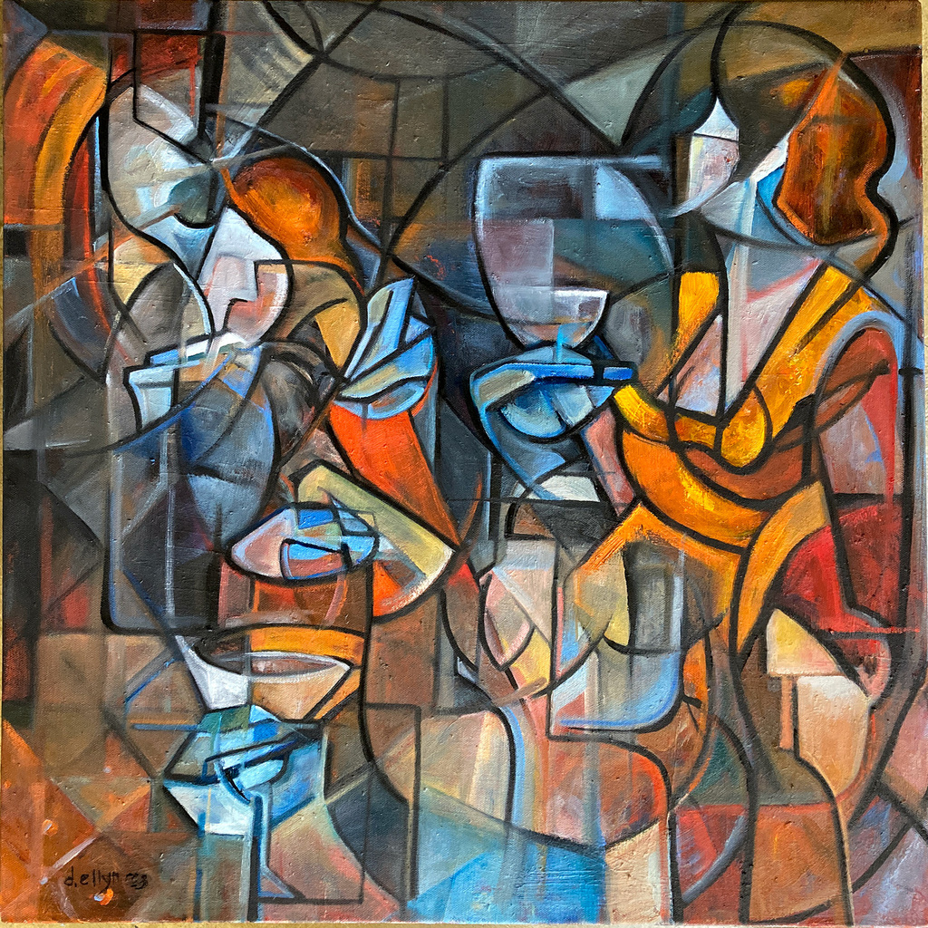 Cubist abstract scene of a group of people at cocktail party in blue and orange tones