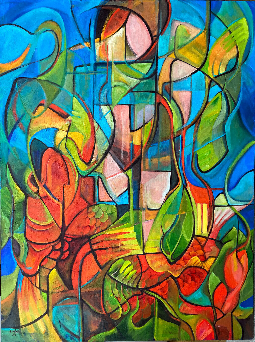 Vibrant abstracted scene of child standing on a koi fish