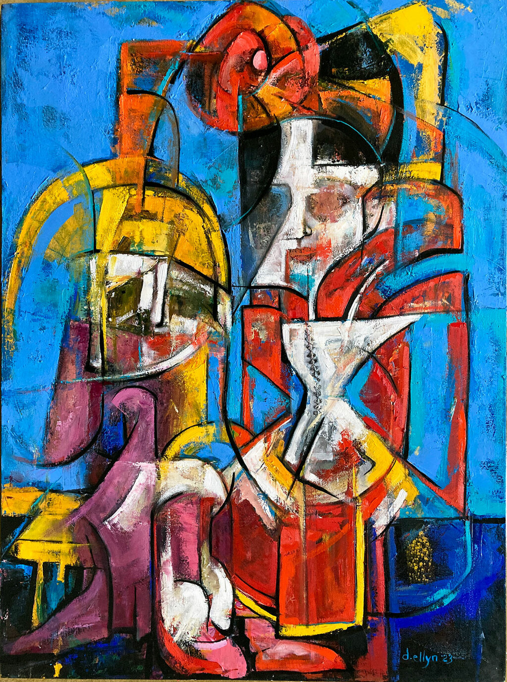Bold abstract duet in vivid red, blue, and gold—figures sip martinis in a dynamic composition that captures playful sophistication.