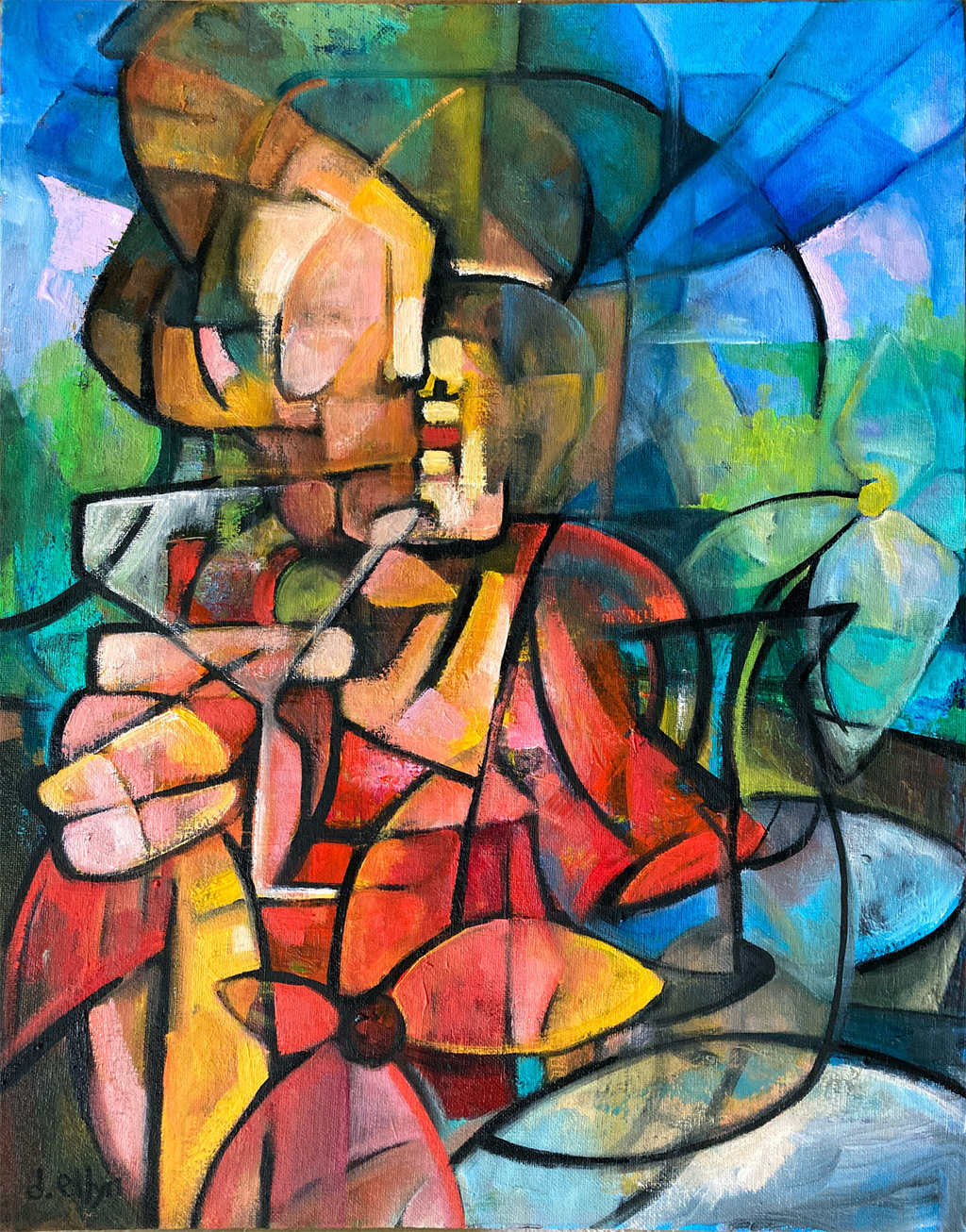 Vibrant abstract figure with cocktail and florals—dynamic linework and joyful color evoke celebration and sensuality.