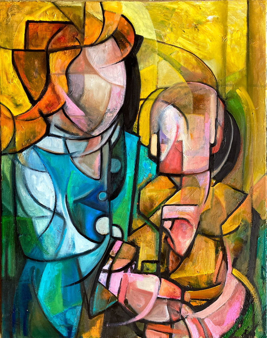 Mother and child rendered in golden abstraction—emotive and tender with layered brushstrokes and expressive energy.