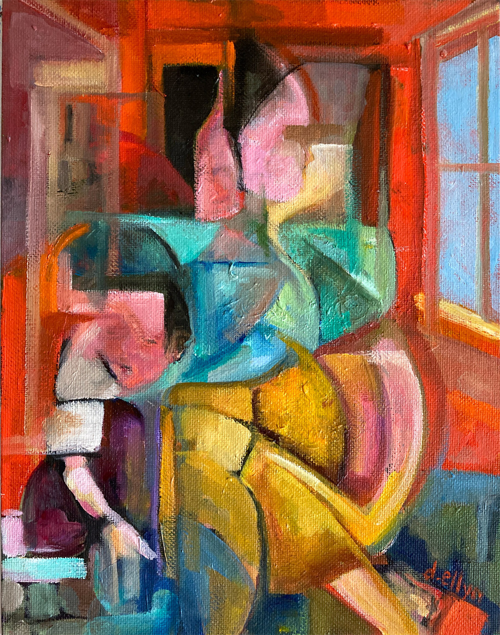 Radiant interior scene with figure in motion—sunlit red walls and blurred shapes convey warmth, memory, and movement.