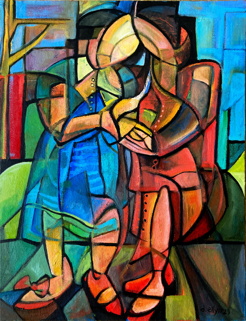 Two seated women in abstract embrace—rich blues and reds merge in a touching modernist scene of connection and intimacy.