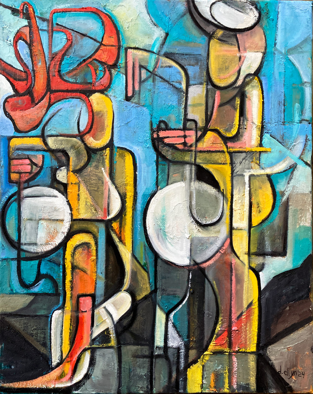Cubist lively image representing two women, octopus and sea diving.