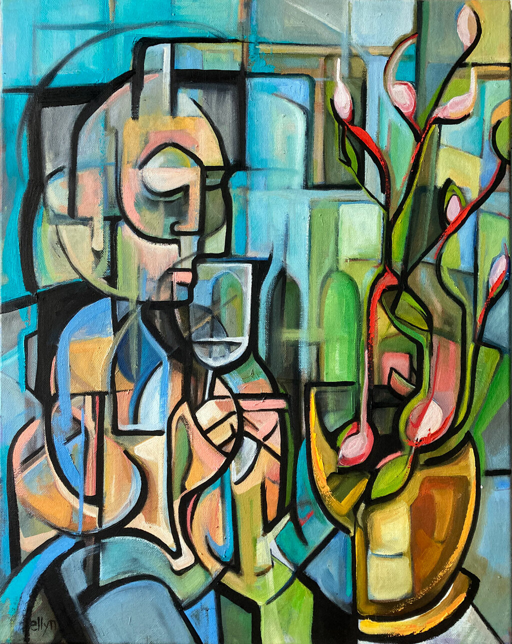 Contemplative abstract figure in cool tones beside a vibrant floral vase, painted in expressive modern cubist style.