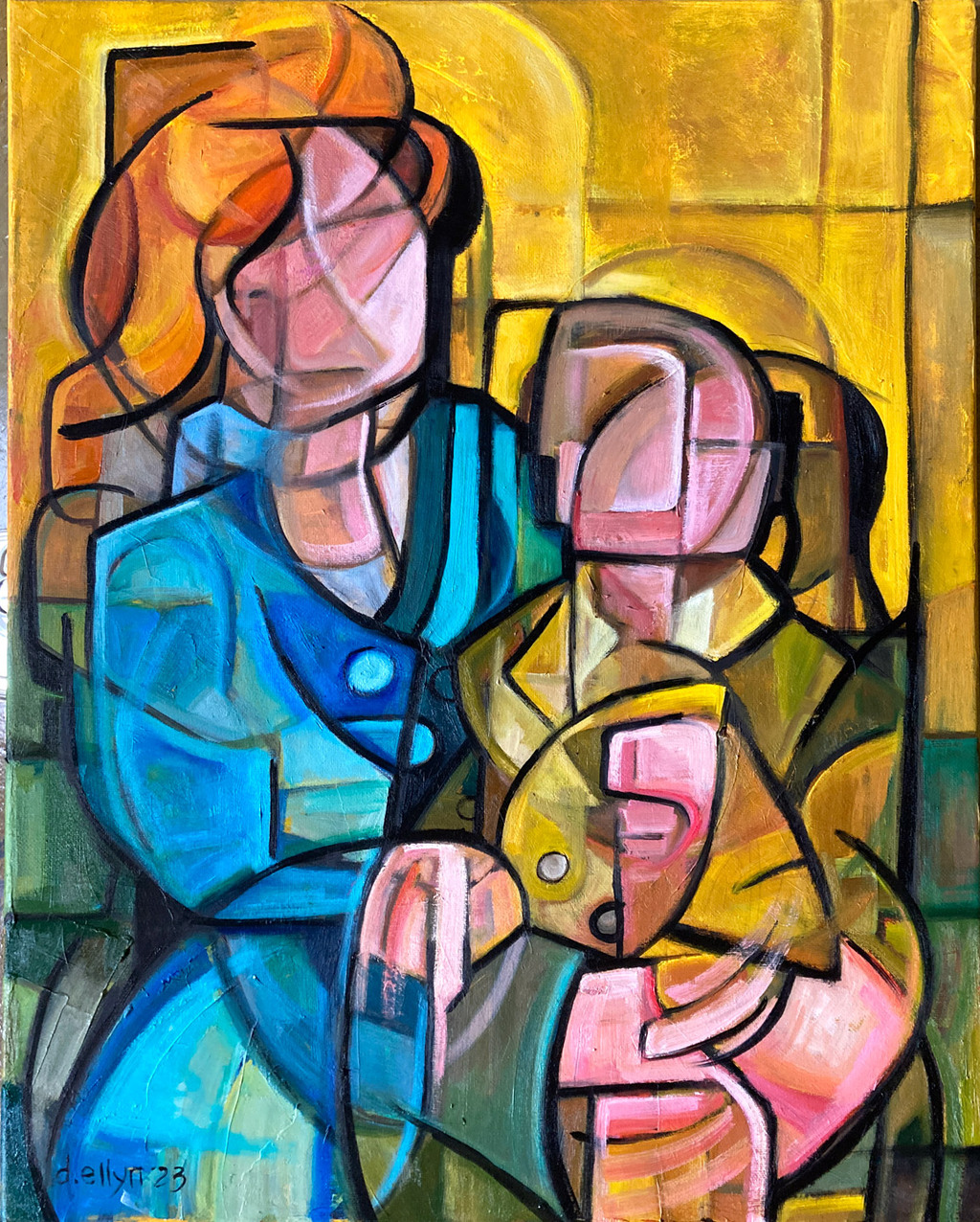Mother and child rendered in golden abstraction—emotive and tender with layered brushstrokes and expressive energy.