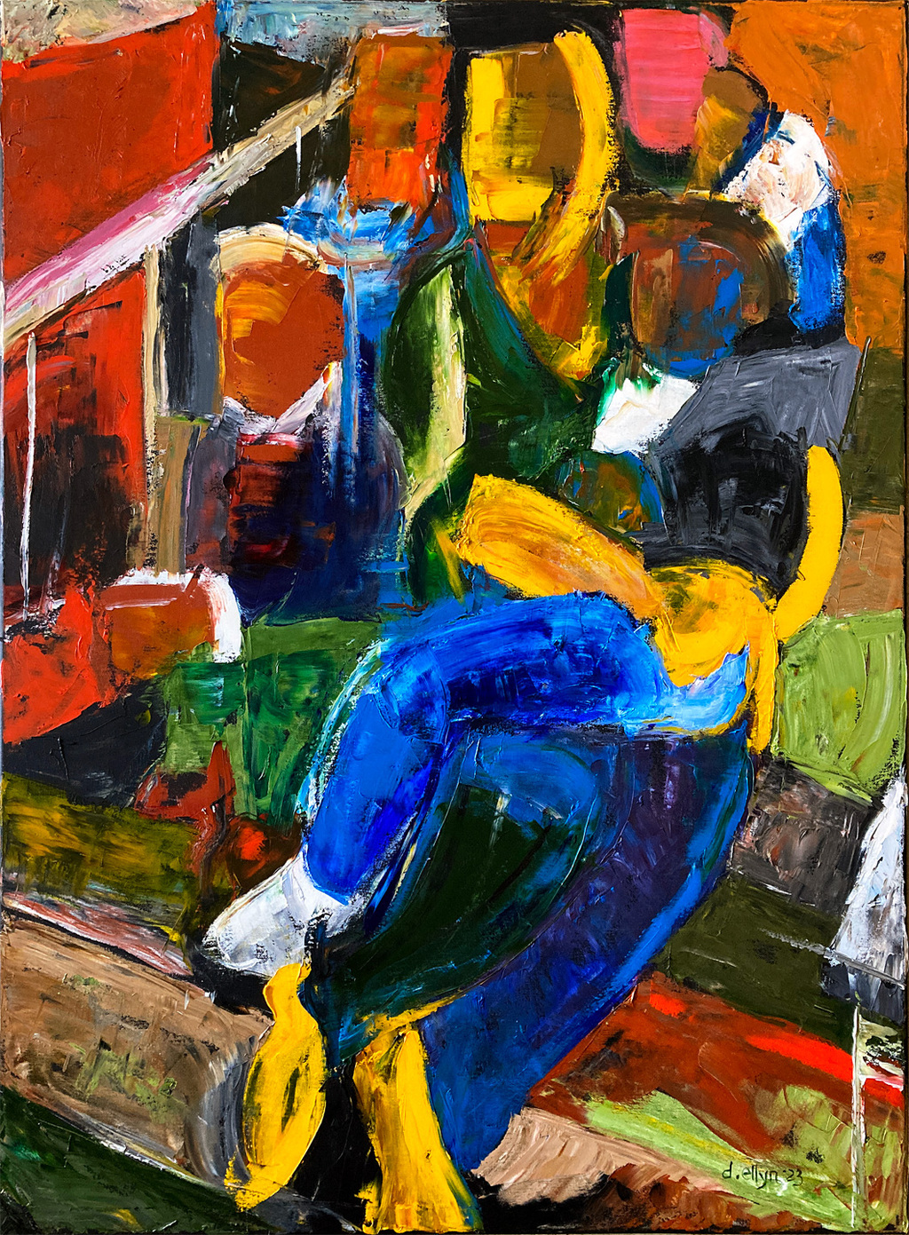 Expressive abstraction of figure on urban stoop—loose brushwork and vivid colors suggest solitude in the city’s bustle.