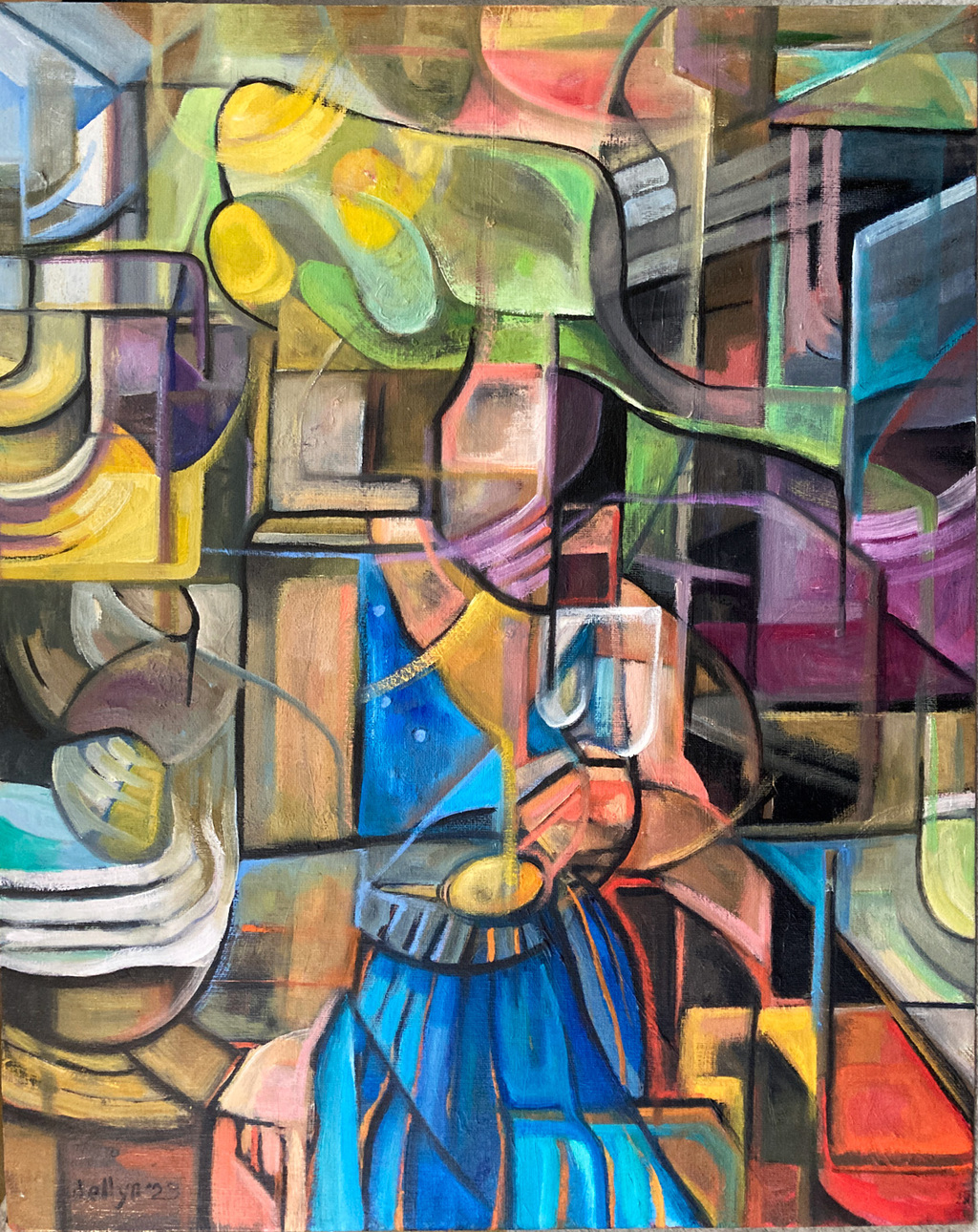 Woman in a hat shop painted in cubist lines and rich jewel-toned color blocks.