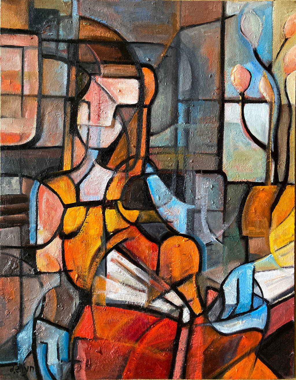 Woman with open book in warm interior—bright tones and layered forms celebrate solitude, reading, and reflection.