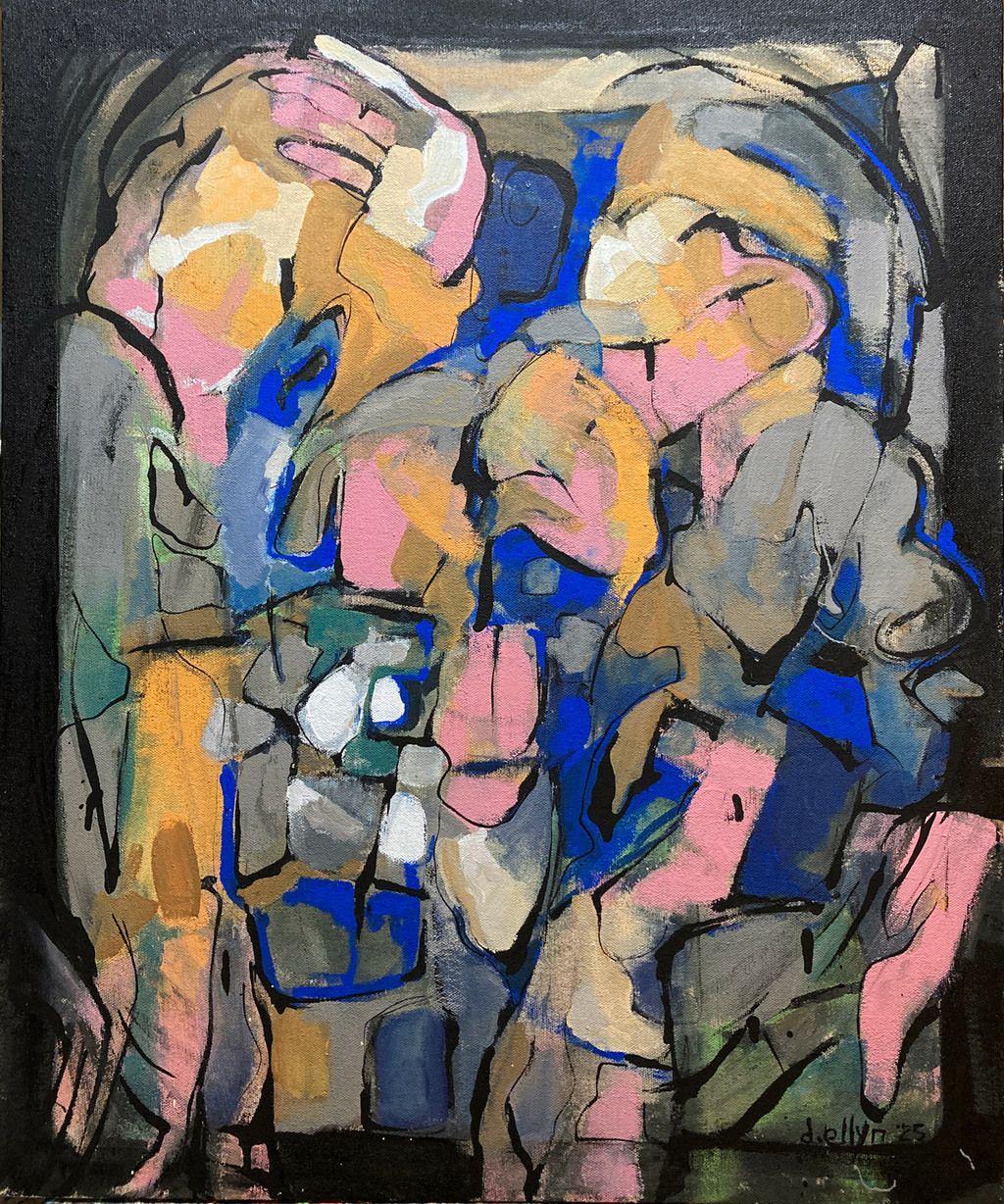 abstract colorful painting in blues, yellows and pinks with the feeling of a group of people entangled