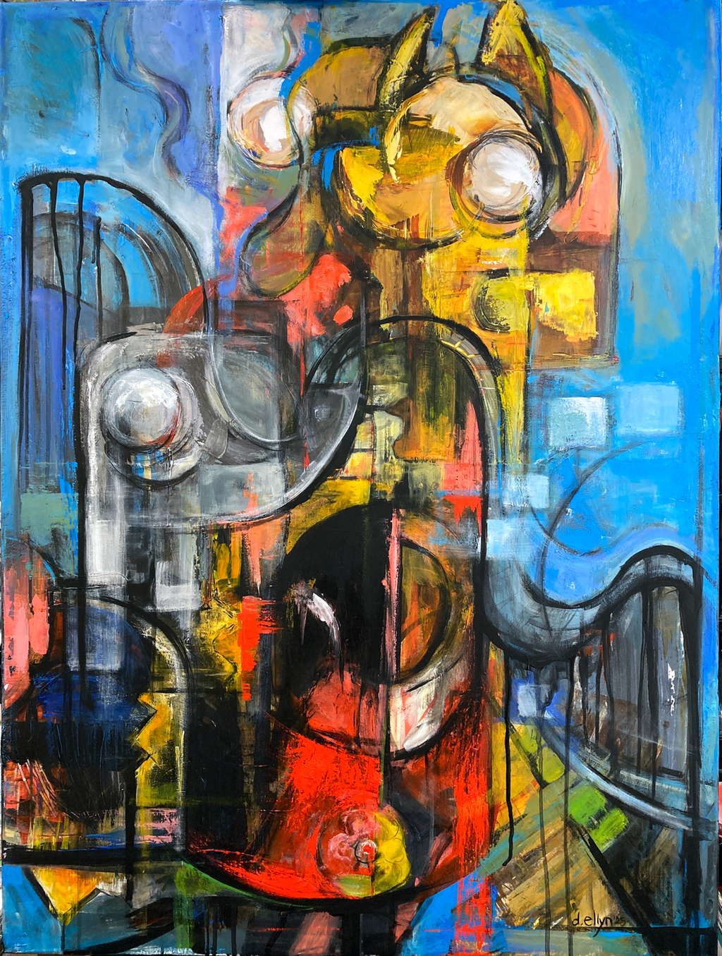abstract colorful painting in primary colors and sharp black lines representing Coney Island