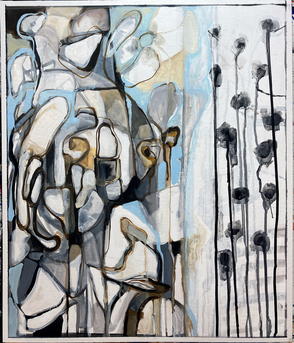 Dense interlocking abstract forms in gray, blue, and ochre crowd the left while tall dark stems rise alone on the right