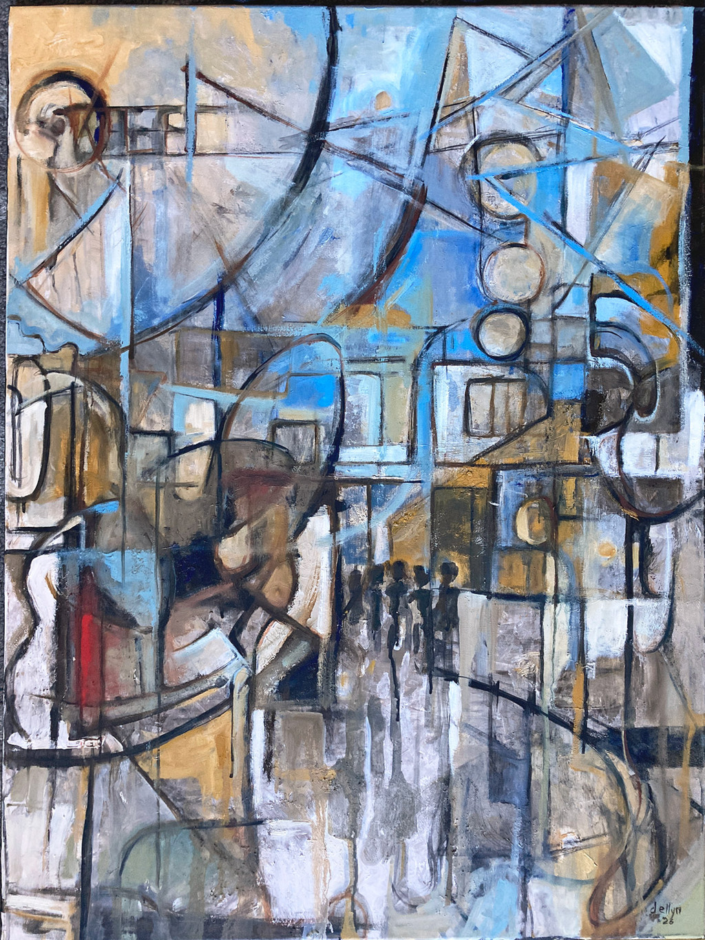 Midway, oil on canvas by Dana Ellyn, abstract blue and ochre Coney Island composition with silhouetted figures, 30x40