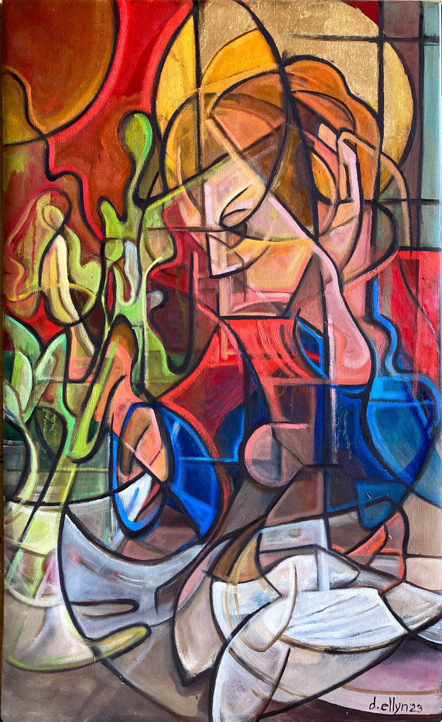 Radiant abstract woman in warm reds and golds with spiritual overtones, painted in fluid lines and layered colors.
