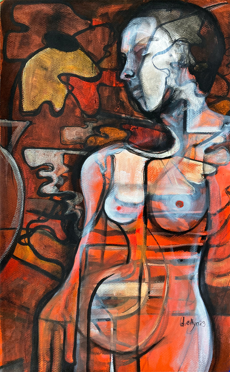 Bold orange abstract nude with expressive linework, seated amid floral shapes and painterly textures in a vibrant interior.