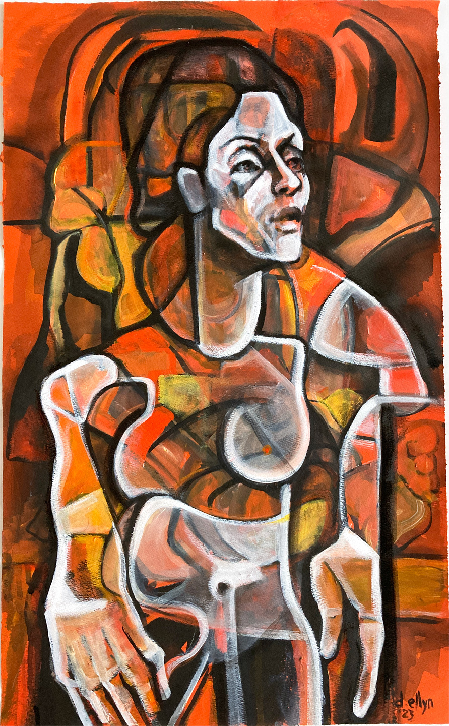 Bold orange abstract nude with expressive linework, seated amid floral shapes and painterly textures in a vibrant interior.