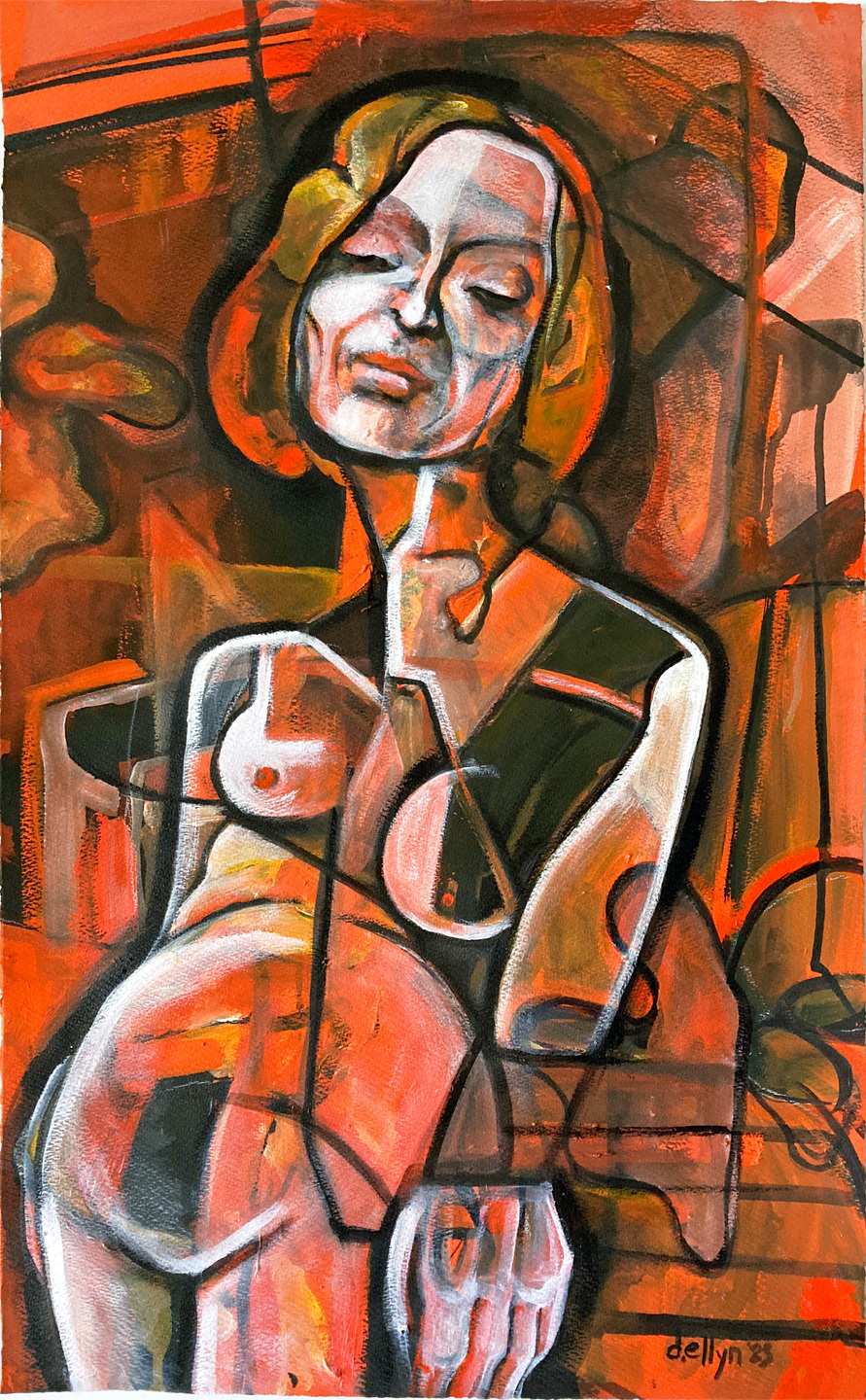 Bold orange abstract nude with expressive linework, seated amid floral shapes and painterly textures in a vibrant interior.