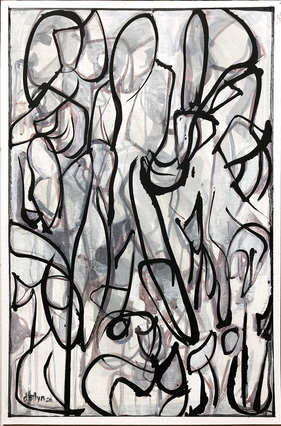 an abstract ink painting of overlapping figures in black contour and gray washes on mat board by Dana Ellyn