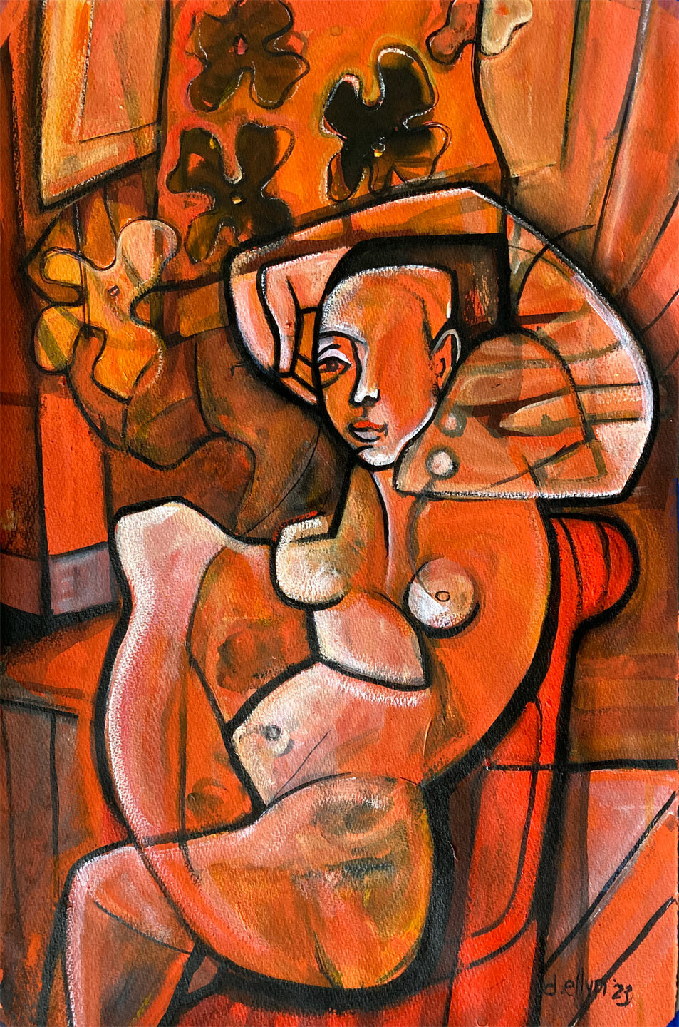 Bold orange abstract nude with expressive linework, seated amid floral shapes and painterly textures in a vibrant interior.