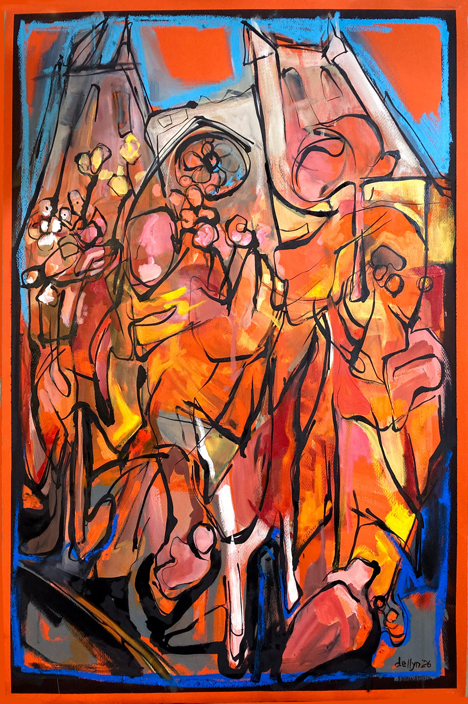 cubist rendering of the buddhist monks arrival at hte washington national cathedral