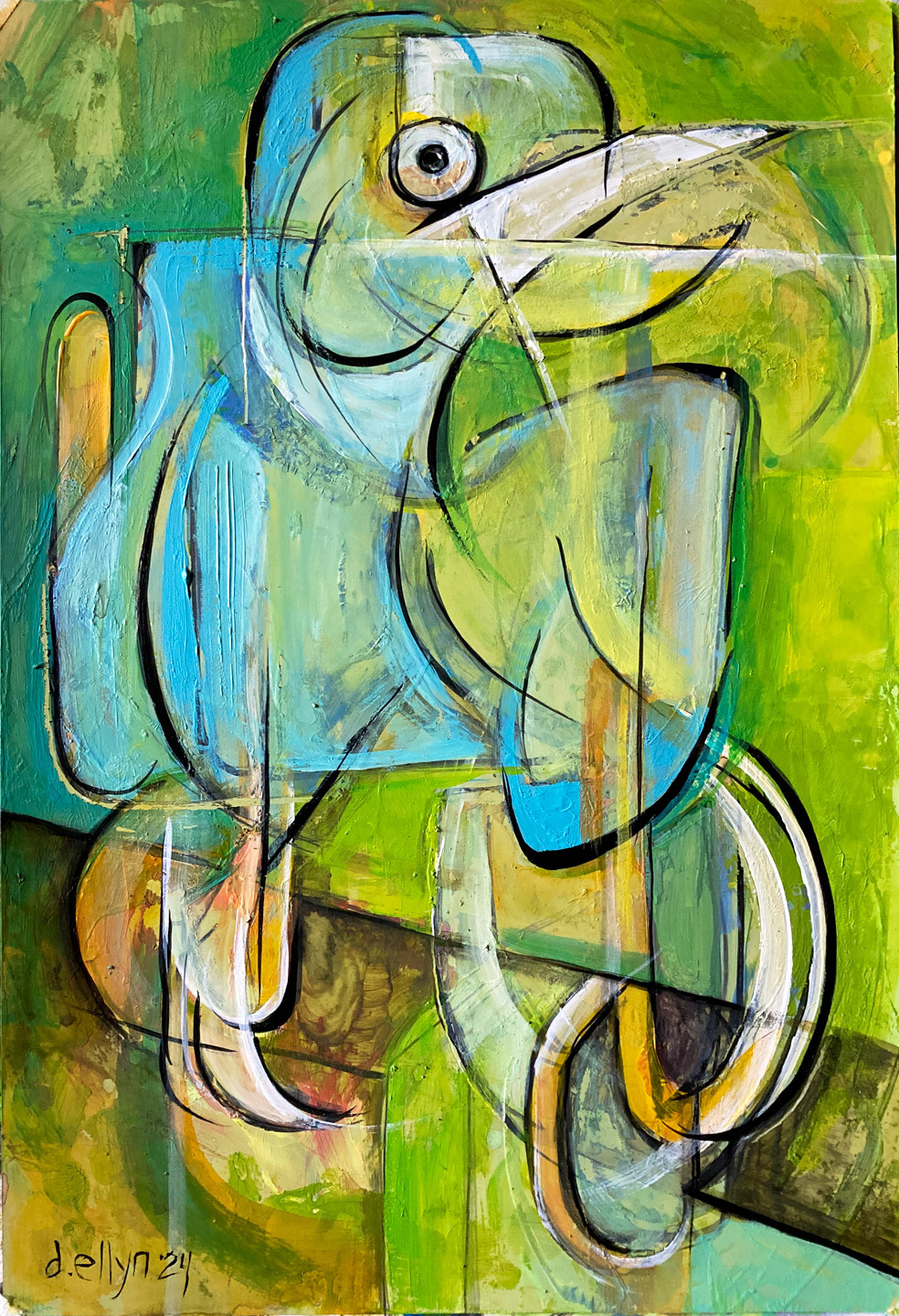 Playful abstract bird in layered greens and blues, perched in profile with expressive black linework and painterly textures.